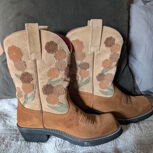 Ariat Tan and Brown Floral Cowboy Boots
